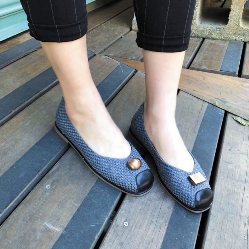 【随方就圆】释压舒缓方头编织娃娃鞋_深蓝灰 - 芭蕾鞋/娃娃鞋 - 真皮 蓝色