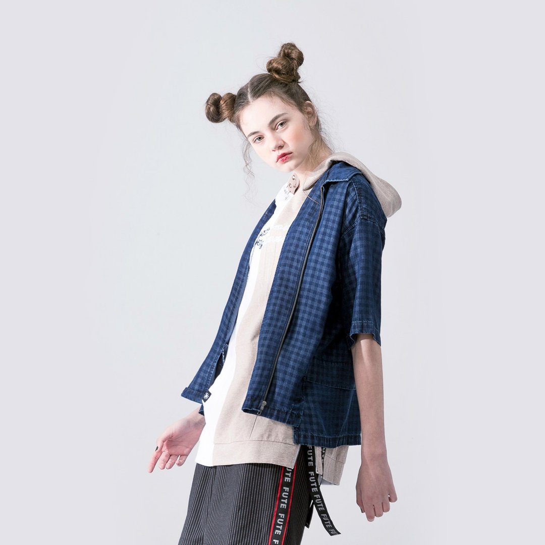 【中性款】 轻磅天丝棉牛仔外套 / 深蓝格 - 女装休闲/机能外套 - 棉 蓝色