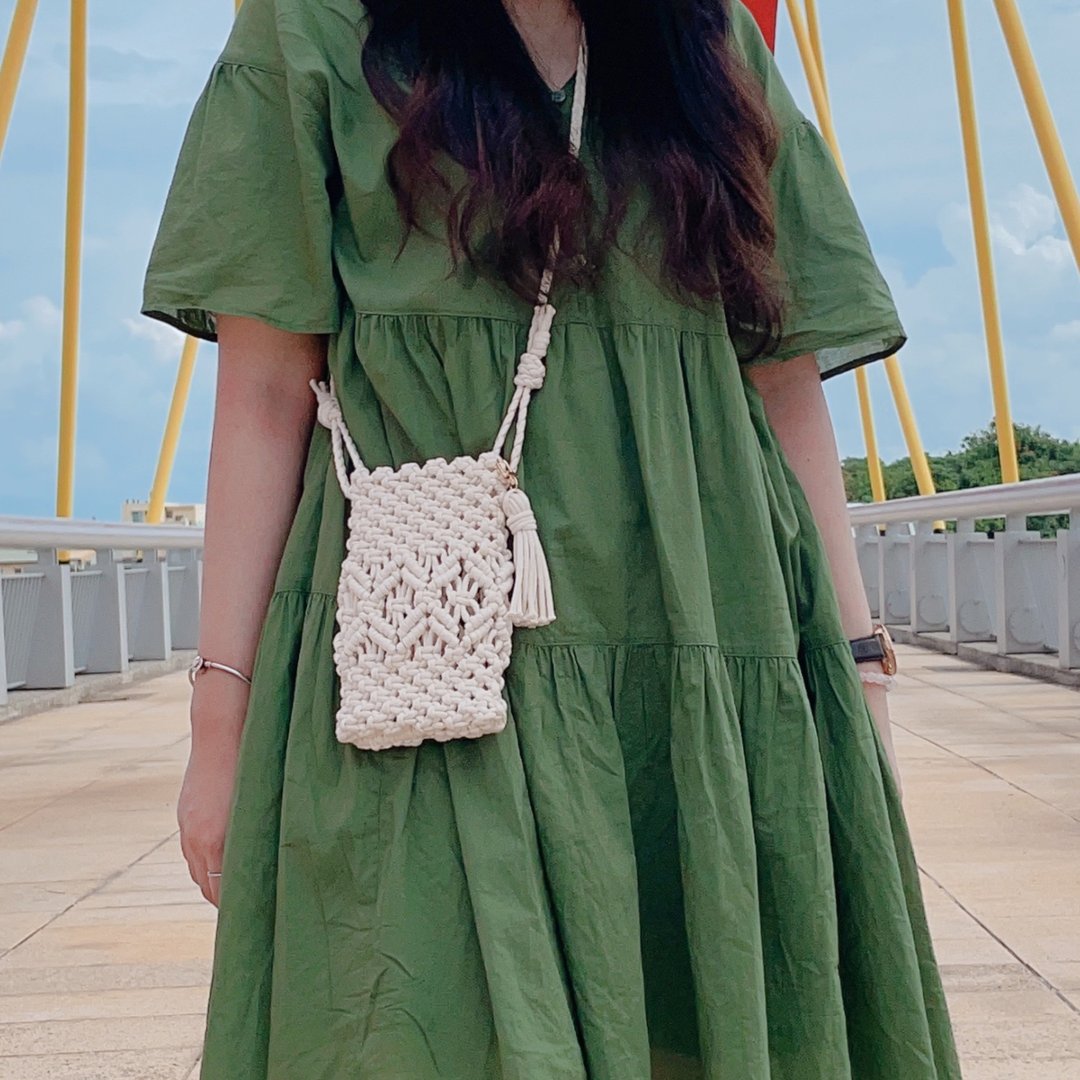 Macrame 编织手机包 附流苏钥匙圈 背带可调整-白色 - 侧背包/斜挎包 - 棉 