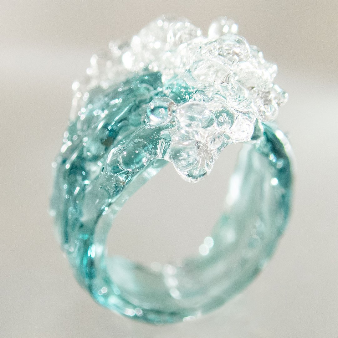 Ocean Wave Cocktail ring • Mermaid and Surfer jewelry • Glass art surfer gift - 戒指 - 玻璃 蓝色