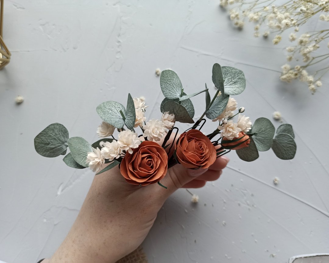 Sage green wedding eucalyptus terracotta hair pins Fall flower rose hair clip - 发饰 - 其他材质 多色