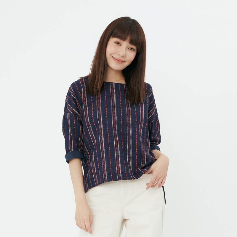 Irene半袖長短擺上衣/嬉皮藍 - 女装上衣 - 棉．麻 蓝色