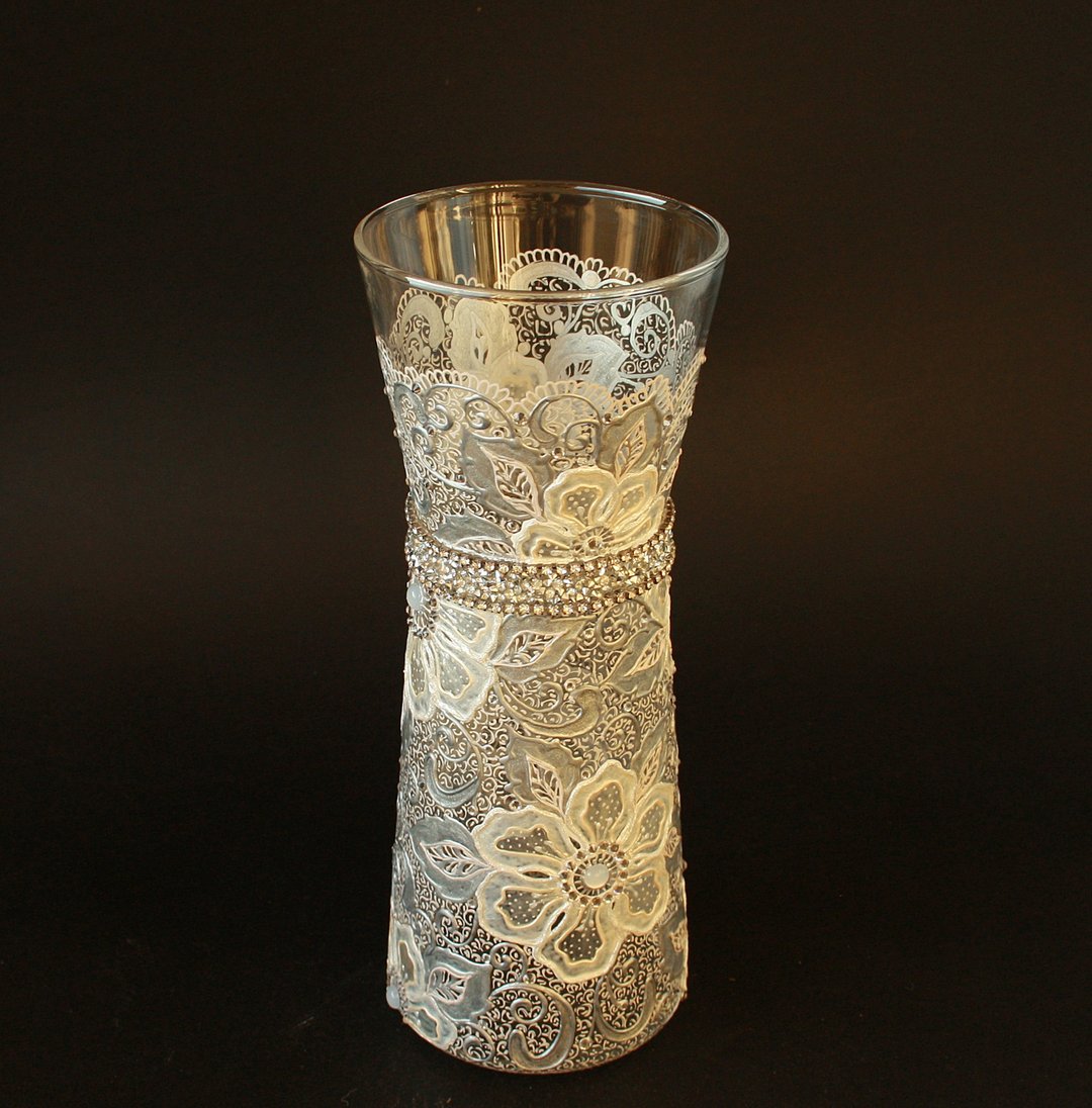 Glass Vase Silver White  Flowers Crystals Gift Wedding Anniversary Hand Painted - 摆饰 - 玻璃 白色