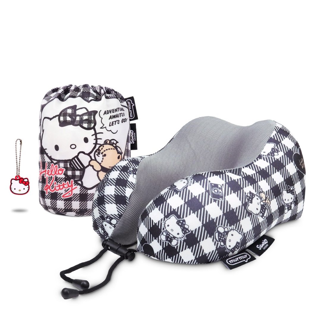 murmur 山丘颈枕 (附收纳袋)│hello kitty (黑白格) | 附吊饰 - 颈枕/旅行枕 - 聚酯纤维 黑色