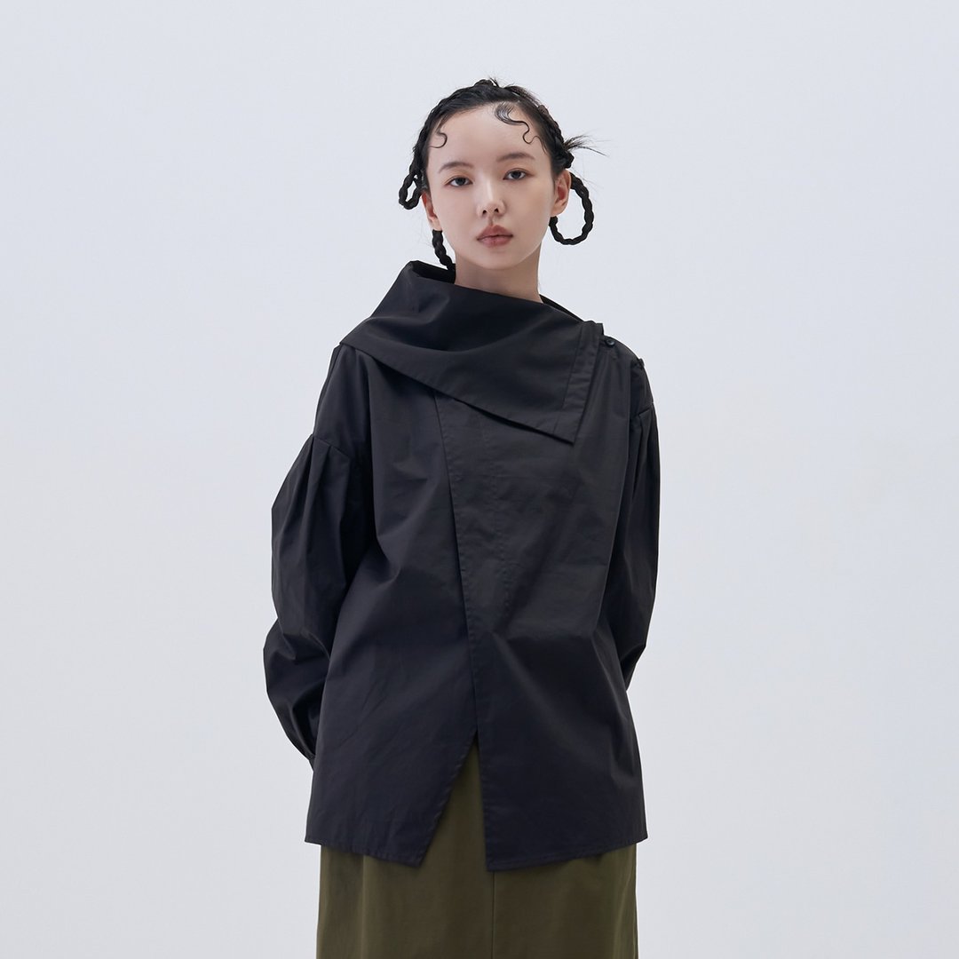 大翻领泡袖上衣 - 女装上衣 - 棉 黑色