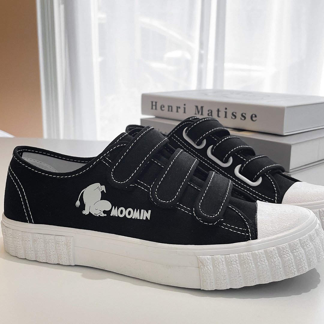 Paidal xMoomin 姆明谷 姆明俏皮倒立免绑带魔鬼毡帆布鞋饼干鞋 - 黑 - 女款休闲鞋 - 棉 黑色