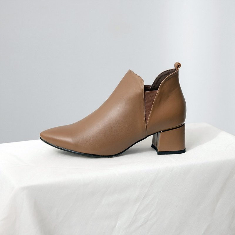 猫耳朵切尔西短靴-茶饼棕 - 女款短靴 - 真皮 咖啡色