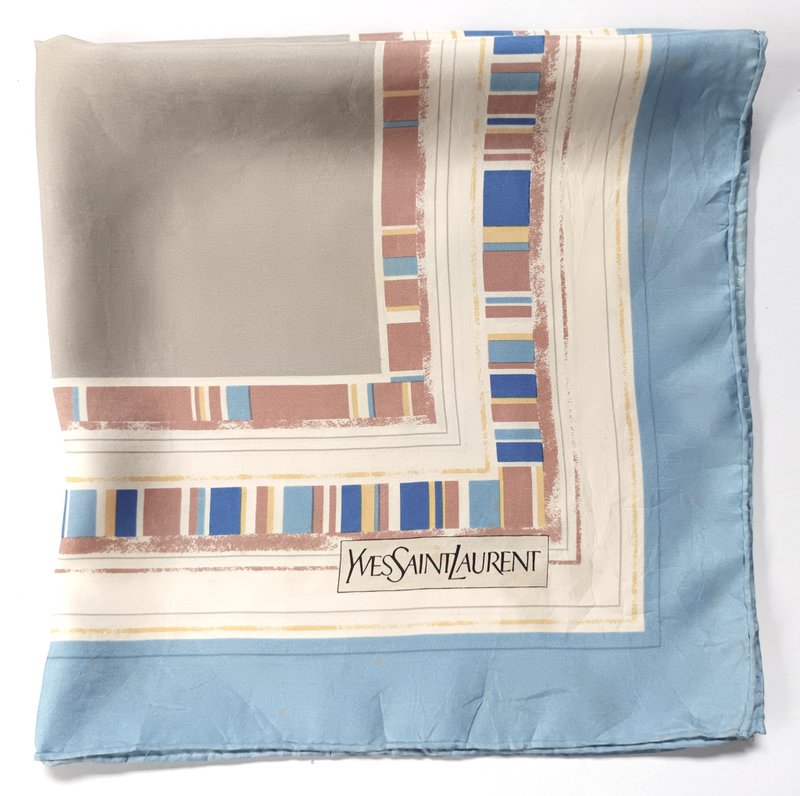 复古 Yves Saint Laurent 真丝丝巾，23 x 23 英寸，赠礼佳品 - 丝巾 - 丝．绢 蓝色