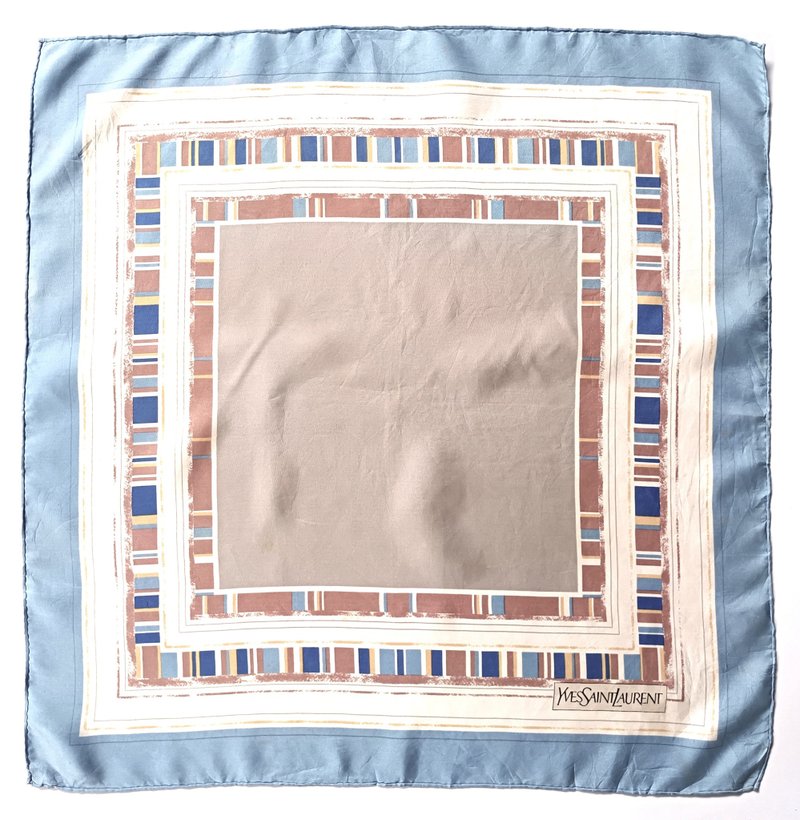 复古 Yves Saint Laurent 真丝丝巾，23 x 23 英寸，赠礼佳品 - 丝巾 - 丝．绢 蓝色