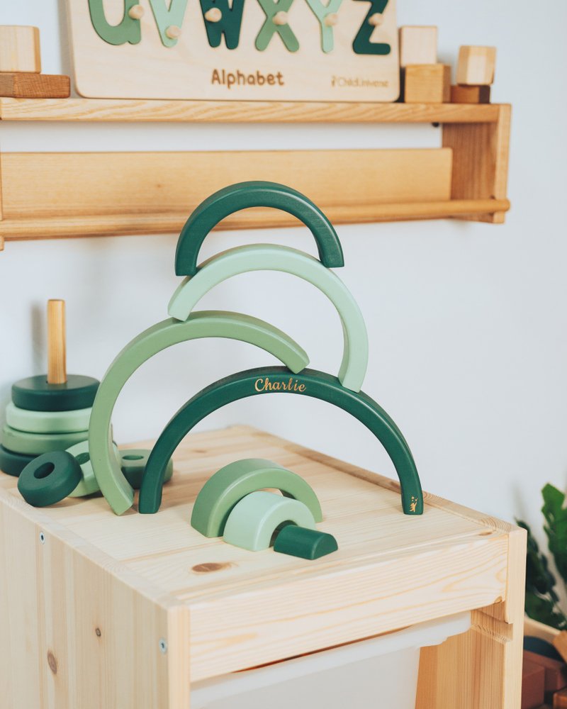 木制蒙台梭利婴儿玩具 环形堆垛机 育儿室装饰 彩虹堆垛机玩具 - 玩具/玩偶 - 木头 绿色