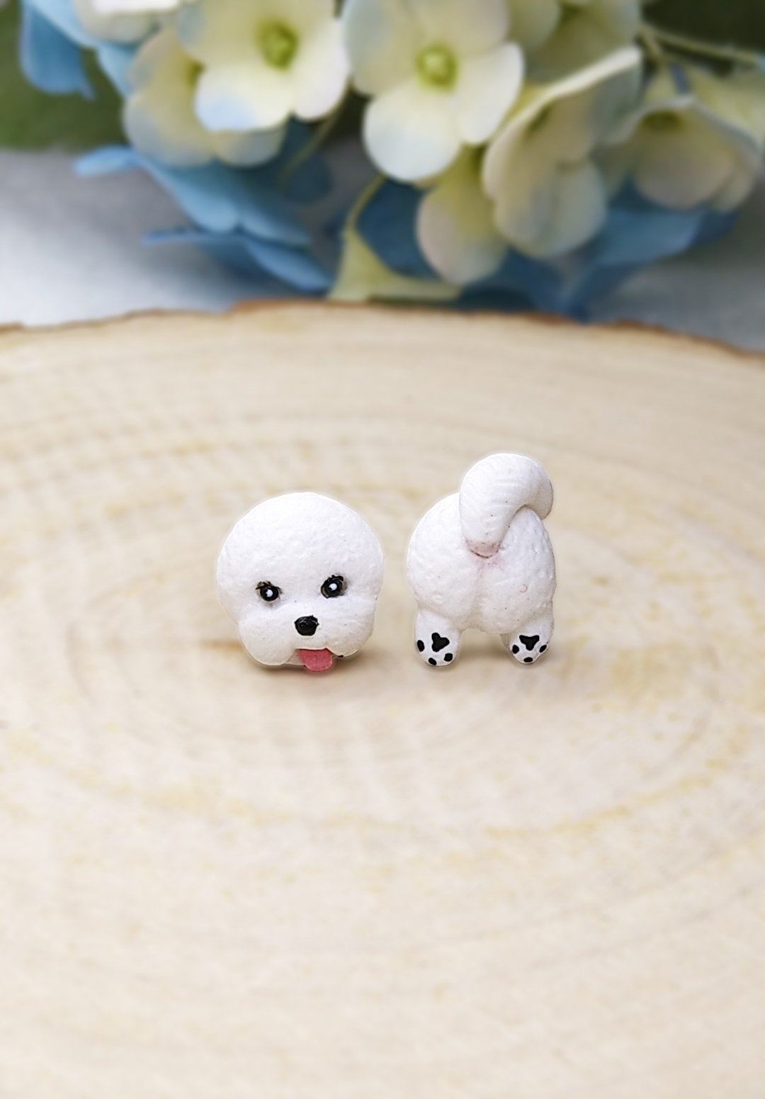 全手作 白色 比熊犬 耳环 耳钉/耳夹 - 耳环/耳夹 - 粘土 