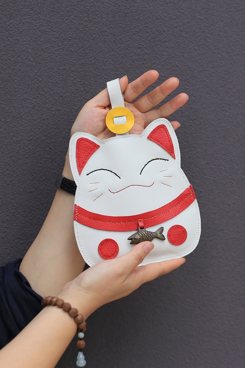 *招财猫*大猫 | 壹染指功能收纳包 陈列摆件 | 喜气洋洋 集福纳财 - 皮夹/钱包 - 真皮 白色