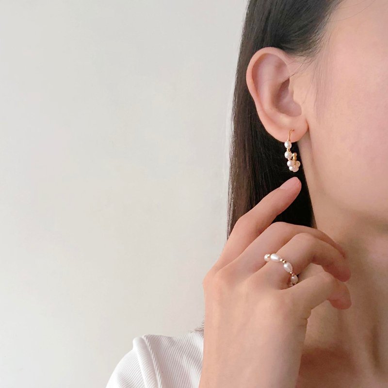 风铃花 厚镀14K金 珍珠耳环 - 耳环/耳夹 - 珍珠 金色