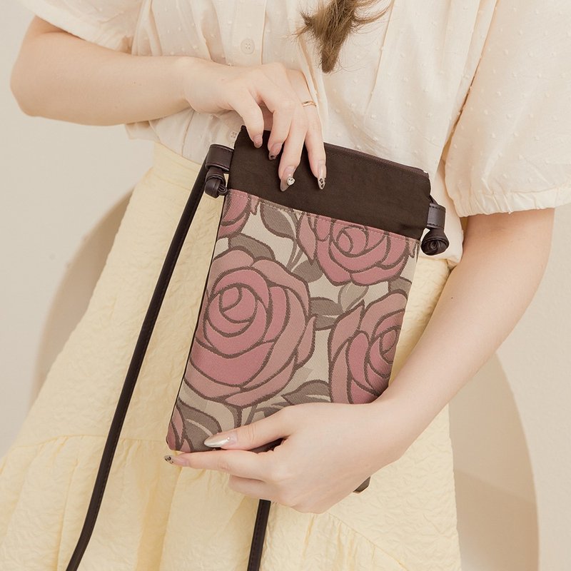 日本制-尾州织 玫瑰手机包侧背包-粉玫瑰 - 侧背包/斜挎包 - 棉．麻 粉红色