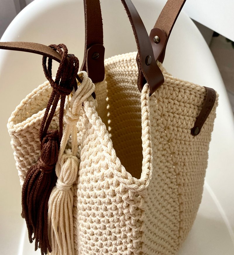 Crochet Granny Square Bag With Leather Straps, Reusable Grocery Bag, Beach Bag - 手提包/手提袋 - 聚酯纤维 多色
