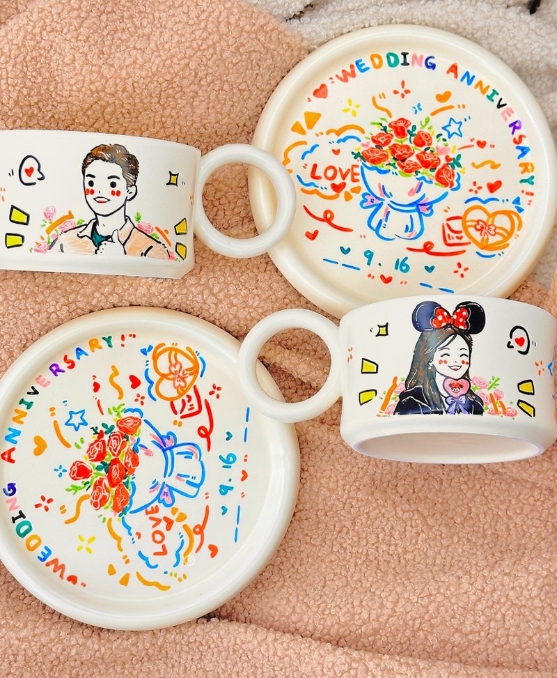 【客製化禮物】手繪Q版人像 馬克杯 情侶對杯 盤子套裝 生日禮物 - 咖啡杯/马克杯 - 陶 