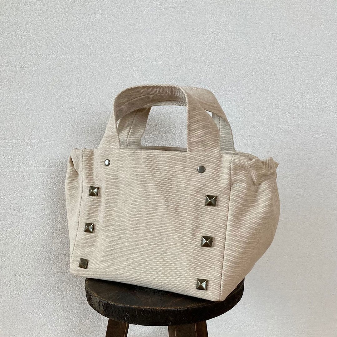 Gathered Tote Bag    Studs Mini   canvas　Ivory Cream - 手提包/手提袋 - 棉 白色