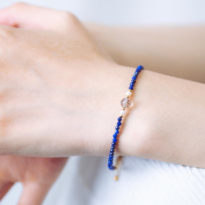 青金石黑发晶珍珠手链 | 水晶天然石14KGF极细手链 | 定制化礼物 - 手链/手环 - 水晶 蓝色