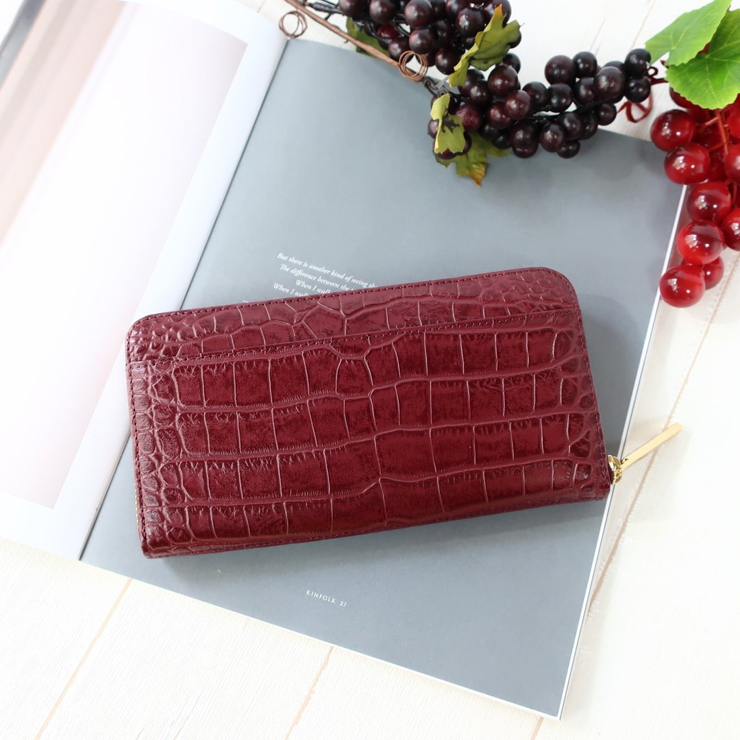 Round zipper, long wallet, pink beige, large capacity, holds 12 cards - 皮夹/钱包 - 真皮 红色