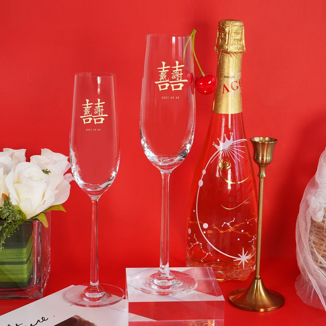 【定制】结婚礼物 | 双喜姓氏订制对杯 - 酒类 - 水晶 
