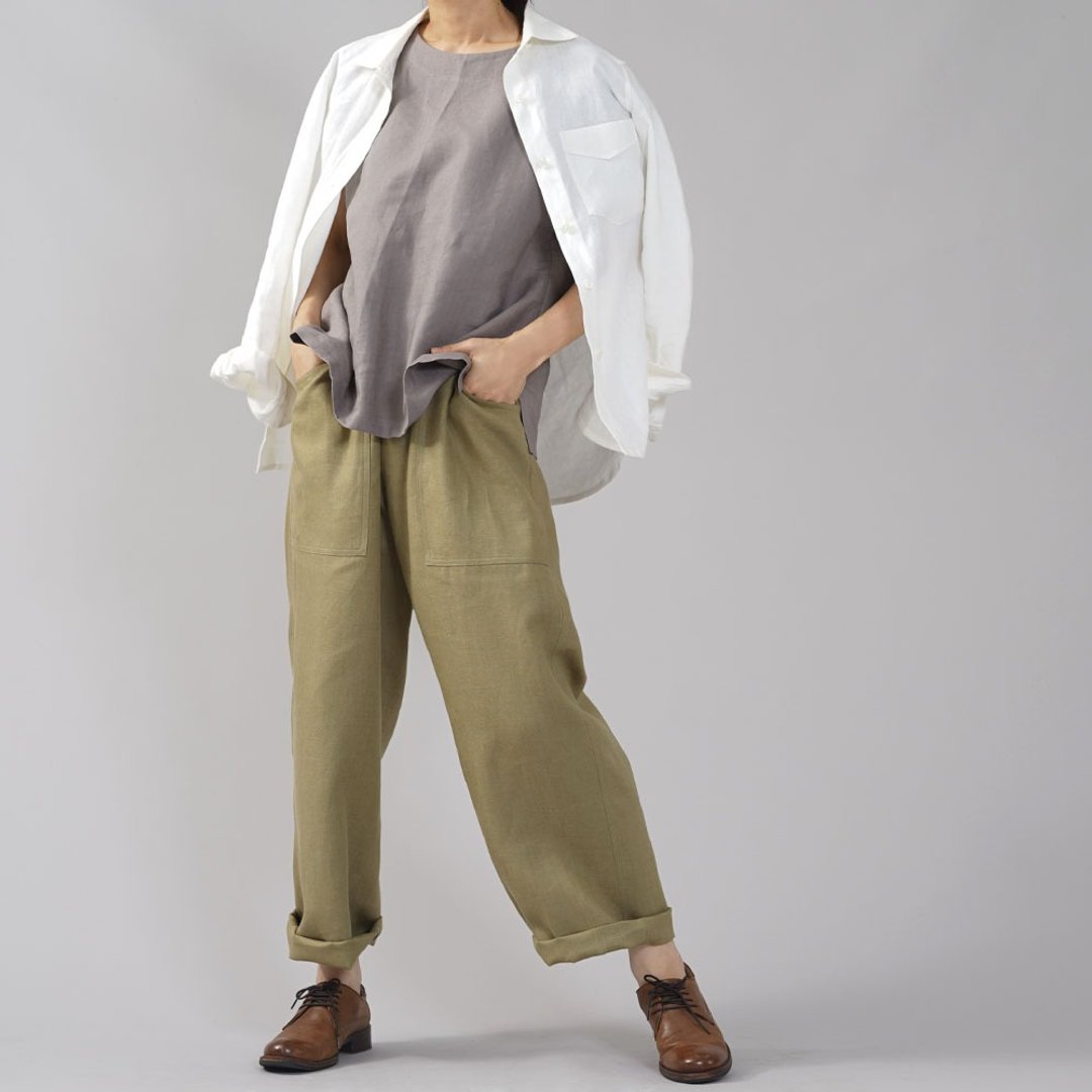 wafu for beginners! - 亞麻褲子 Midweight Linen Baker Pants / Willow Green b013d-ygz2 - 女装长裤 - 亚麻 绿色