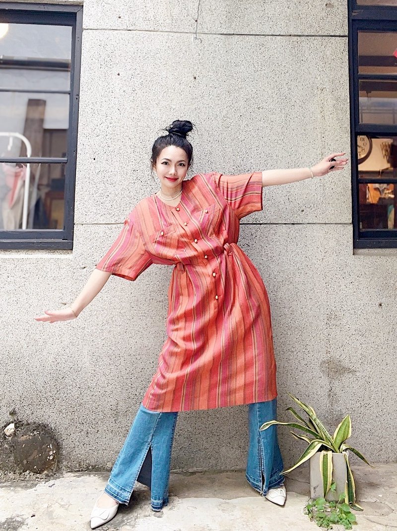 橙橘红茶午后时光半立体直纹压纹 长裙洋装连身裙古着ドレスDress - 洋装/连衣裙 - 聚酯纤维 多色