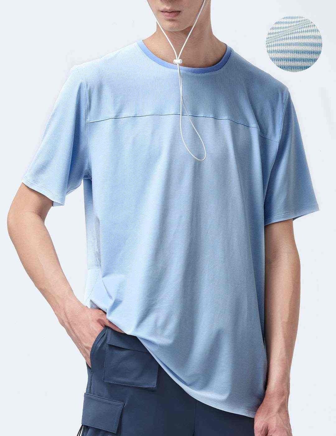 不可退换 /极酷冰感条纹上衣 - 蓝铃 - 男装上衣/T 恤 - 聚酯纤维 蓝色