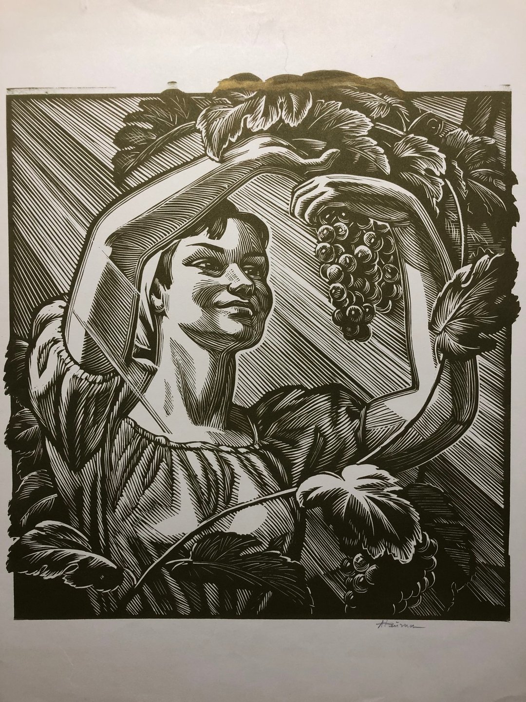 亚麻油毡版画《摘葡萄的女人》社会主义写实墙画家居装饰 - 墙贴/壁贴 - 纸 