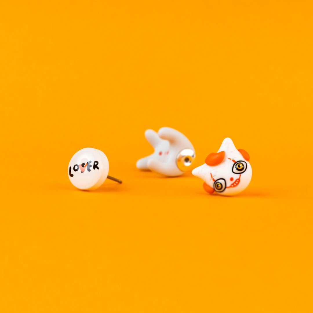 Pennywise Clown Cat Earrings - Handmade Jewelry, Halloween Collection - 耳环/耳夹 - 粘土 橘色