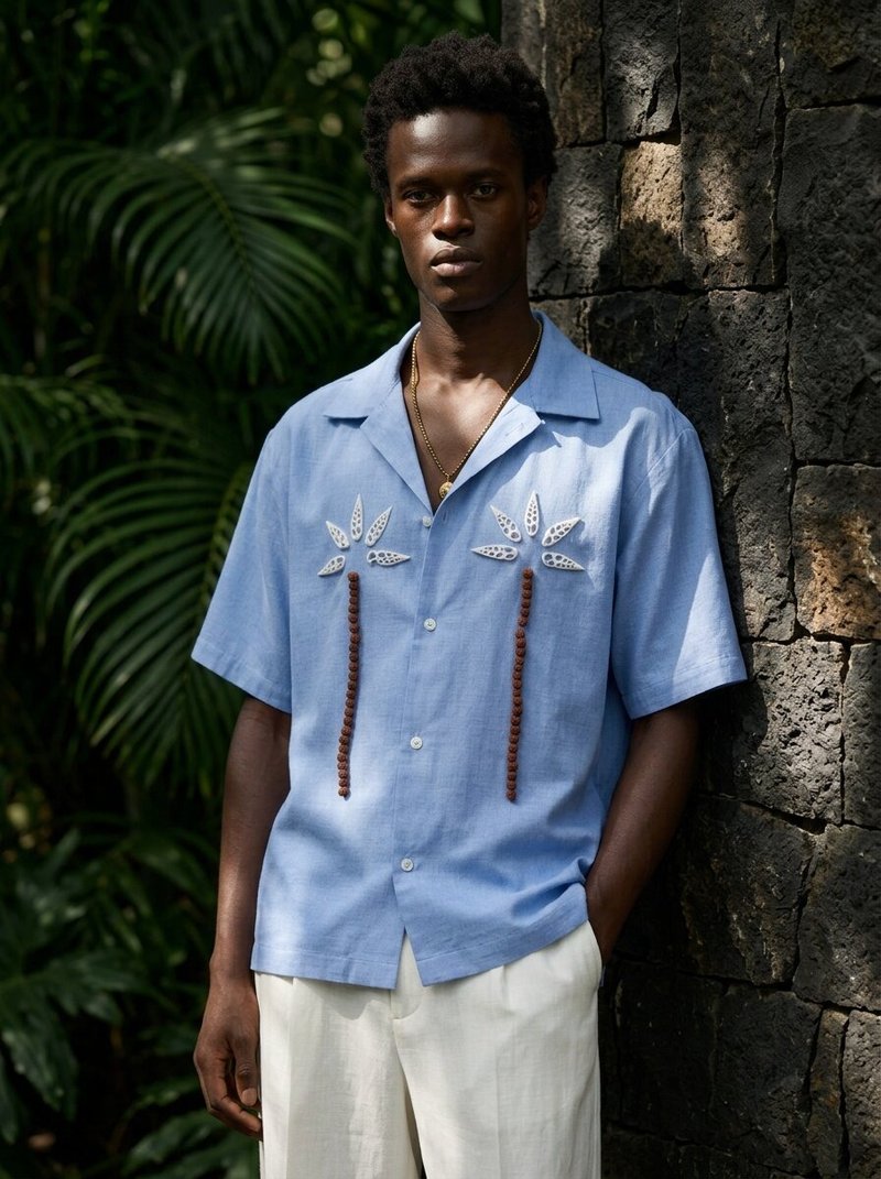 LA ISLAND  职人手作 棕榈树贝壳木珠刺绣 亚麻古巴领衬衫 - 男装衬衫 - 亚麻 蓝色