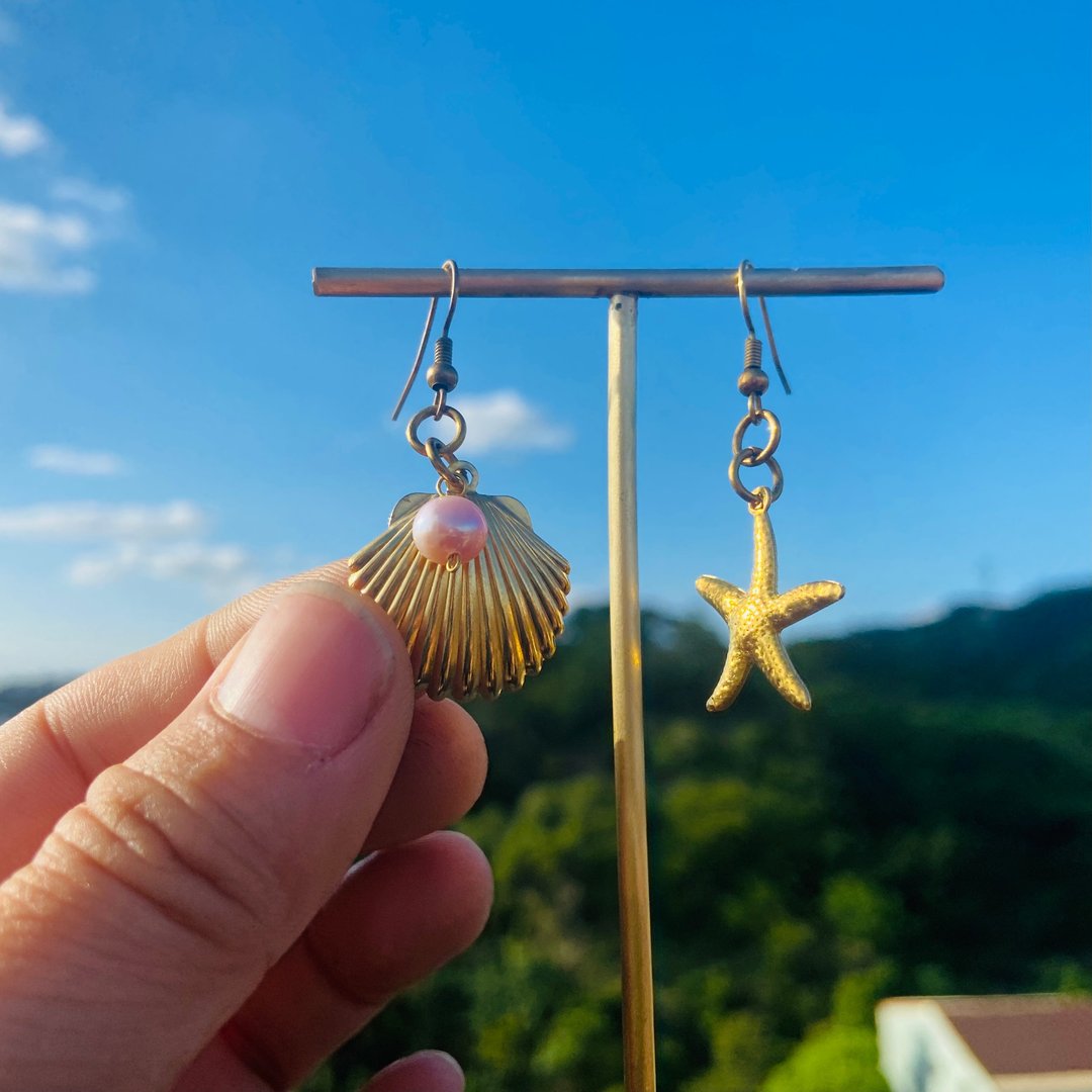 黄铜 不对衬 海星 贝壳 耳环 S72 - 耳环/耳夹 - 铜/黄铜 金色