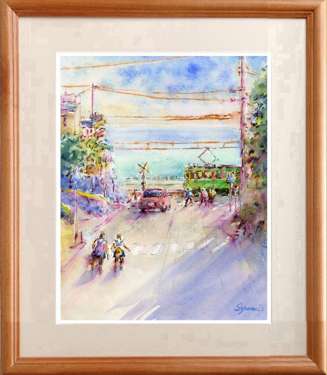 Original watercolor painting Summer day, Enoden Kamakura High School Mae Station - 海报/装饰画/版画 - 纸 蓝色