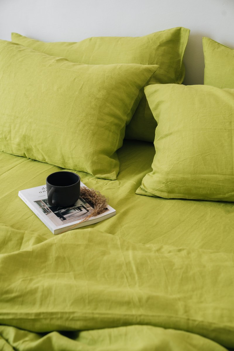 Chartreuse green linen sheet set / Flat+fitted sheet+2 pillowcases/Green bedding - 寝具 - 亚麻 绿色