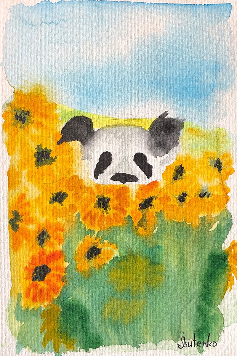 Panda Painting Sunflower Original Art Floral Watercolor Artwork Bear Wall Art - 海报/装饰画/版画 - 纸 黄色