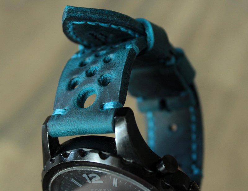 真皮表带男士皮革表带穿孔表带 - 表带 - 真皮 蓝色