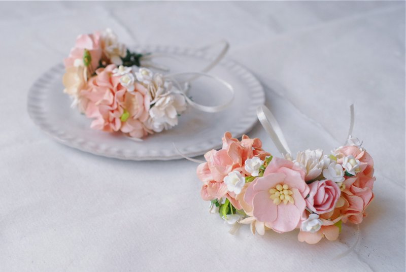 Paper Flower, 2pale pink corsage, Wedding, lotus and some small white flowers. - 手链/手环 - 纸 粉红色