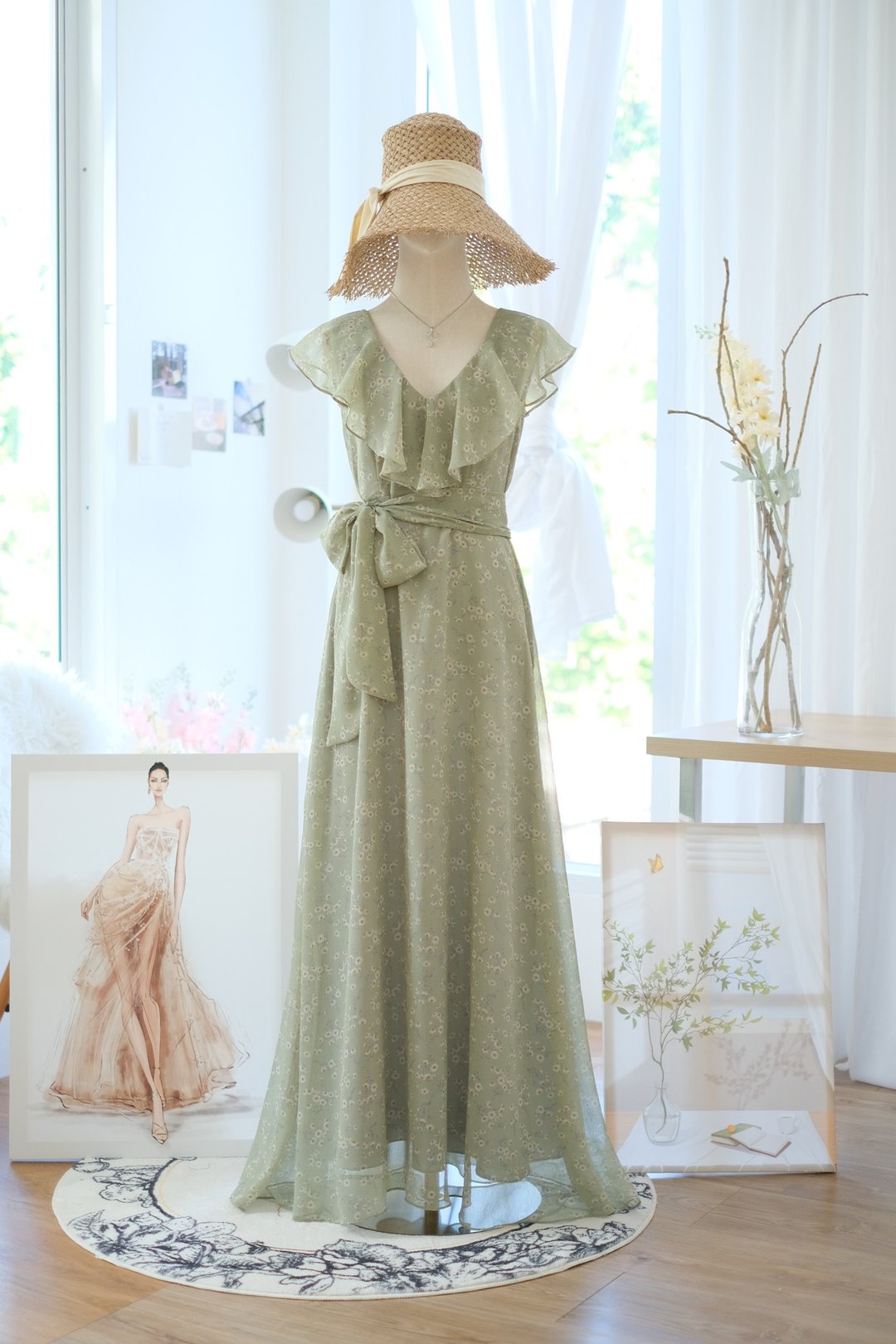 鼠尾草绿碎花长洋装，适合做为伴娘服或参加正式场合。 - 晚装/礼服 - 聚酯纤维 绿色