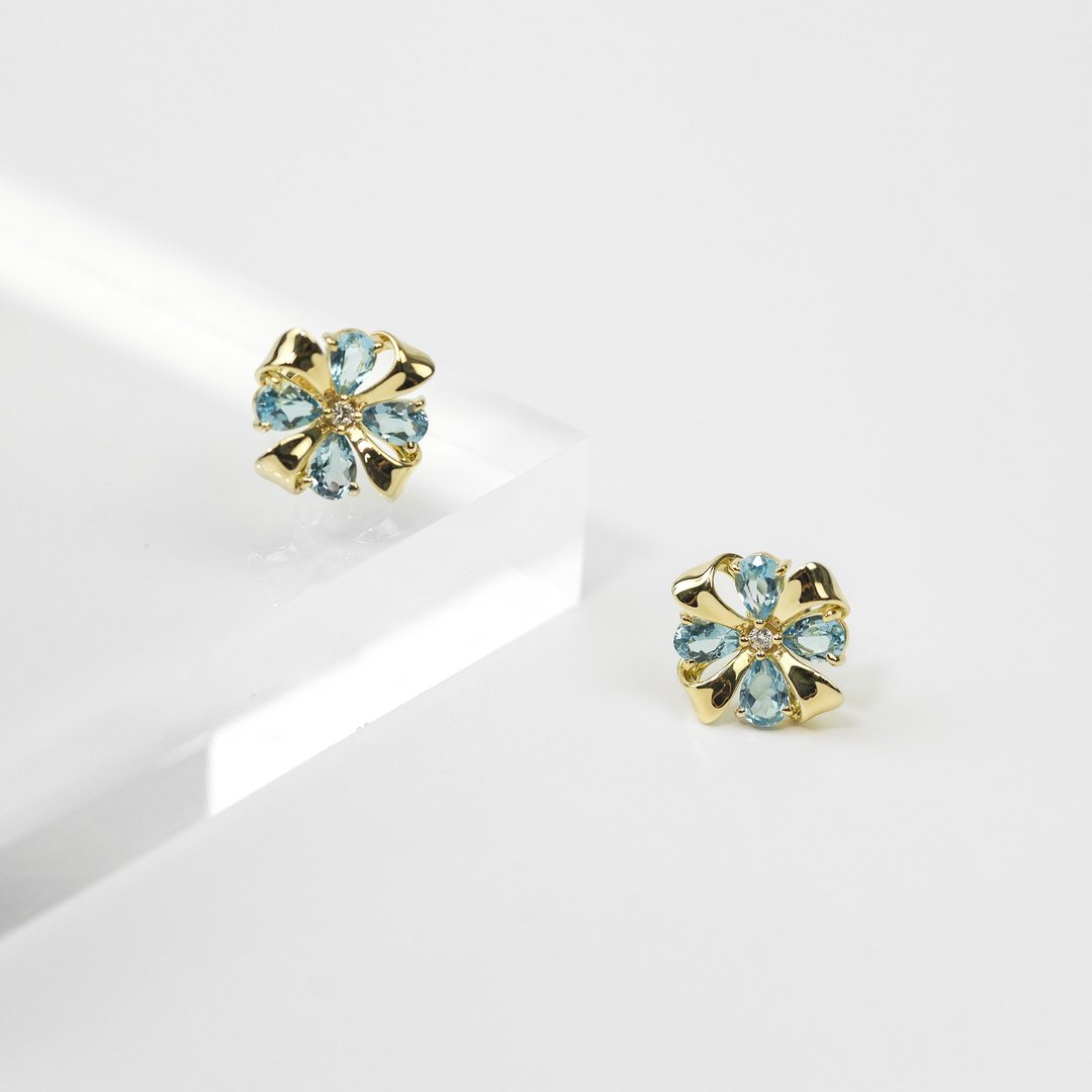 【PurpleMay Jewellery】纯18K金蝴蝶结蓝托帕石耳钉 - E059 - 耳环/耳夹 - 宝石 多色