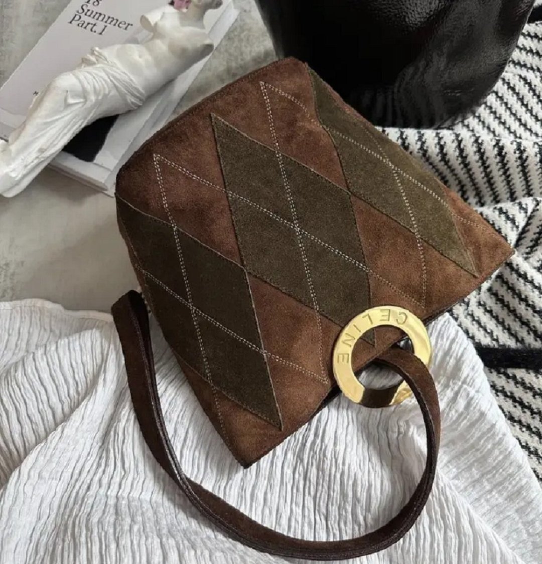 中古包 Celine 思琳 稀有秋意浓浓橄榄绿配朱古力色水桶包 - 手提包/手提袋 - 真皮 咖啡色