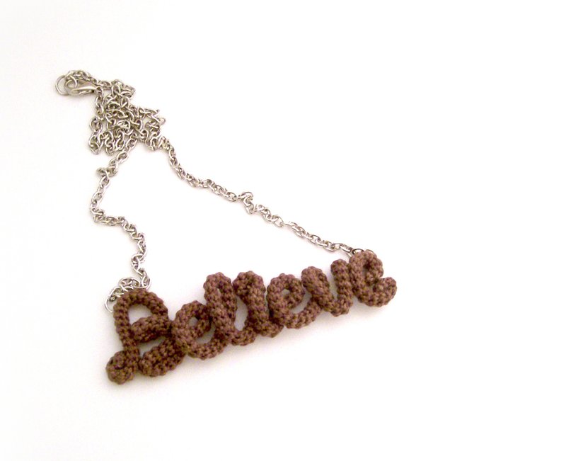 Believe Necklace Crochet Handwritten Inspirational Word Pendant - 项链 - 绣线 咖啡色