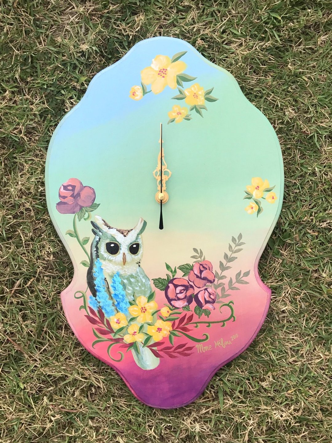 依步流插画手绘时钟-猫头鹰与花 - 时钟/闹钟 - 木头 多色
