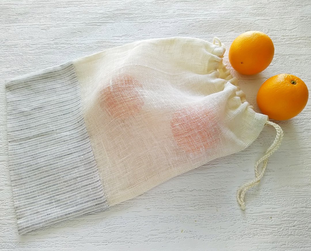 Produce bags mesh set of 2, Linen drawstring bag, Fruit bags, Eco storage bags - 束口袋双肩包 - 亚麻 灰色