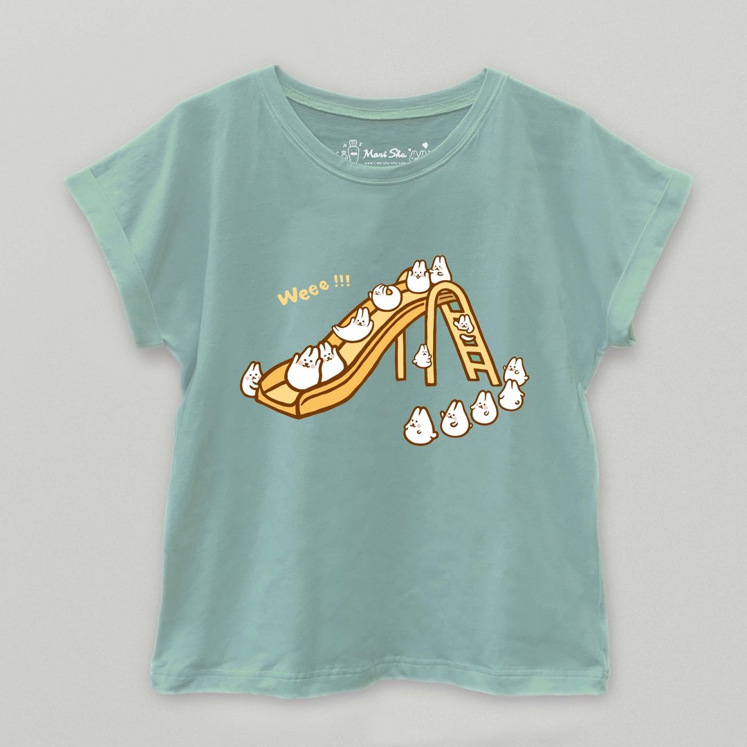 麻糬兔溜滑梯T-shirt - 女装上衣 - 棉．麻 绿色
