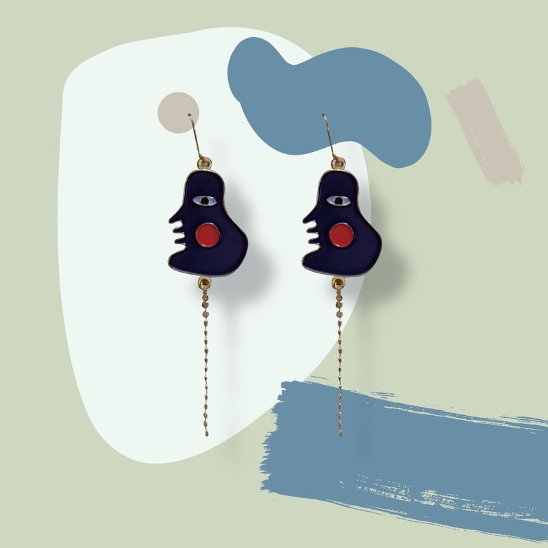抽象的臉2-琺瑯耳環 - 耳环/耳夹 - 珐琅 蓝色