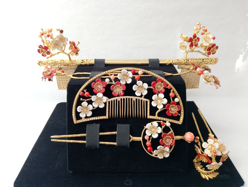 梅花复古簪全套　黄铜 × 镀金 × 施华洛世奇　日本手工制作　Lu - 发饰 - 其他金属 