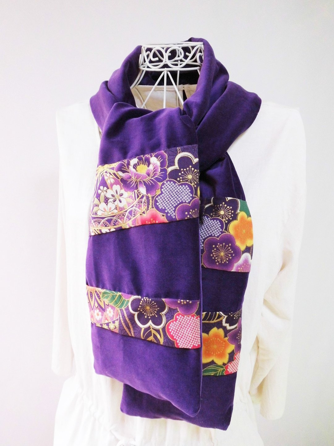 Velveteen_3 Temari and flower Japanese traditional stole - 围巾/披肩 - 棉 紫色