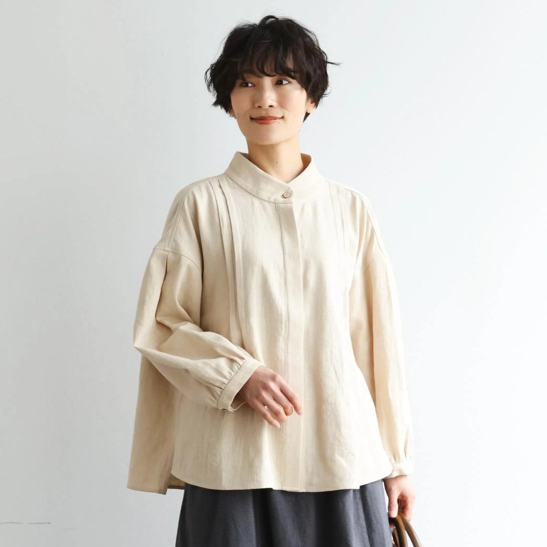 立体褶皱设计 棉麻宽松衬衫 透气休闲上衣 自然米色  250415-1 - 女装衬衫 - 棉 