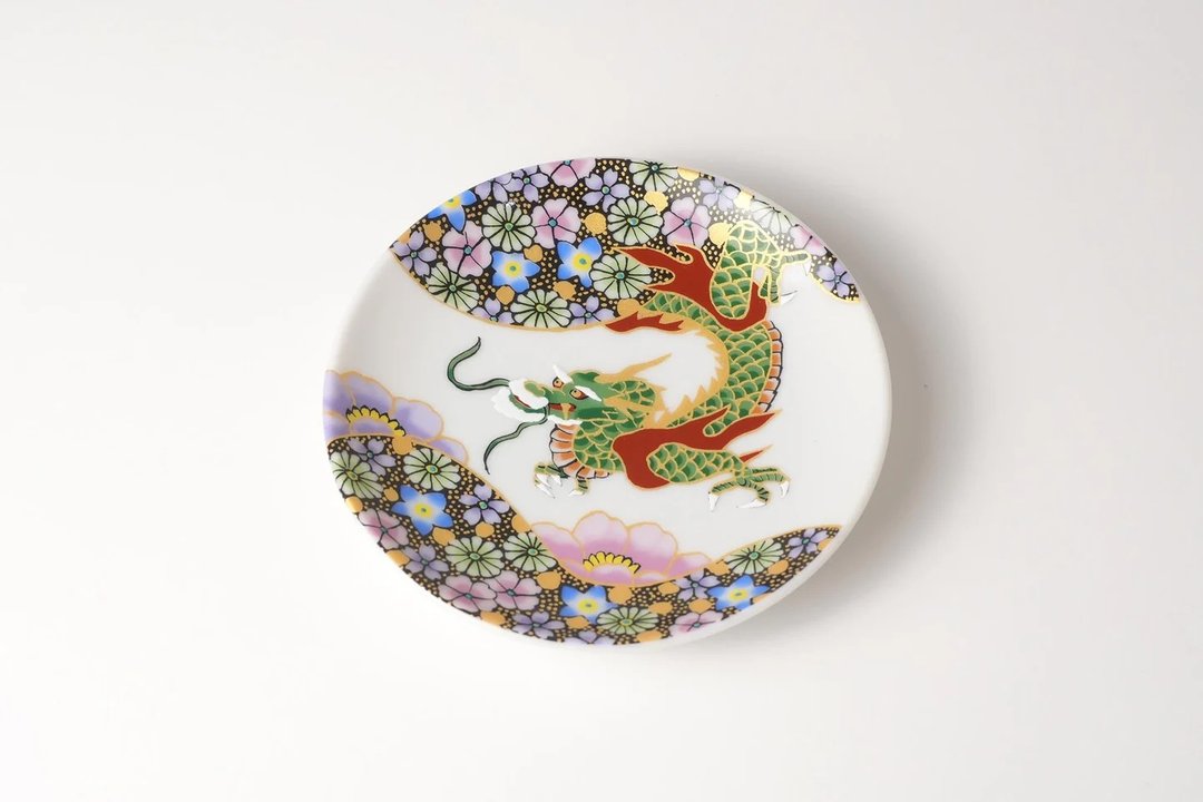 【现货】日本进口 九谷烧艺术小盘 10.4cm - 花诘龙纹 高聪文绘 - 盘子/餐盘/盘架 - 瓷 绿色