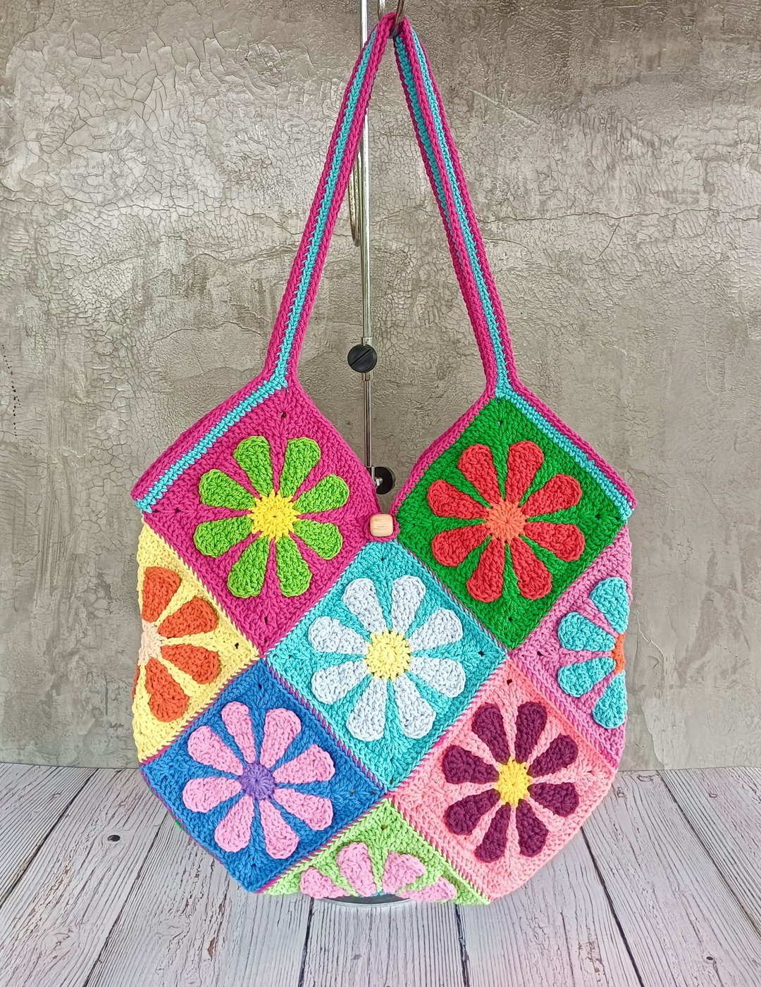 水洗棉绳编织包 Granny Square 花朵造型 - 手提包/手提袋 - 棉 