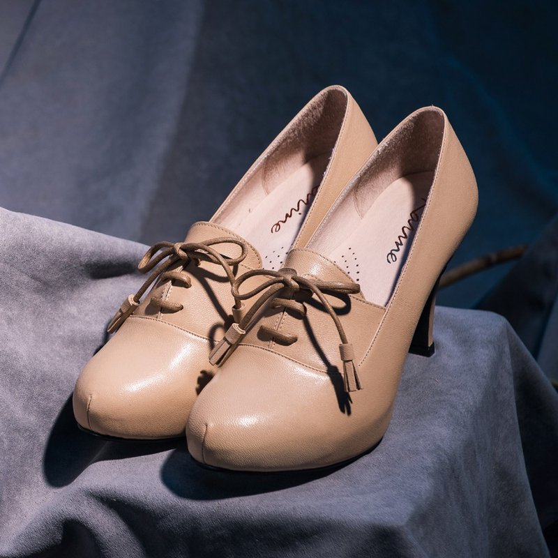 驼色 真皮流苏绑带高跟鞋 台湾制 手工鞋 - 高跟鞋 - 真皮 